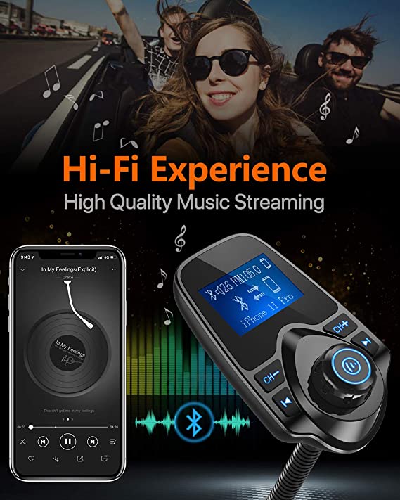 Nulaxy Bluetooth FM Transmitter for Car, Wireless Car Bluetooth Adapter  V5.0 with Big Color Screen, Support Hands-Free Call, Siri&Google, MP3 Music