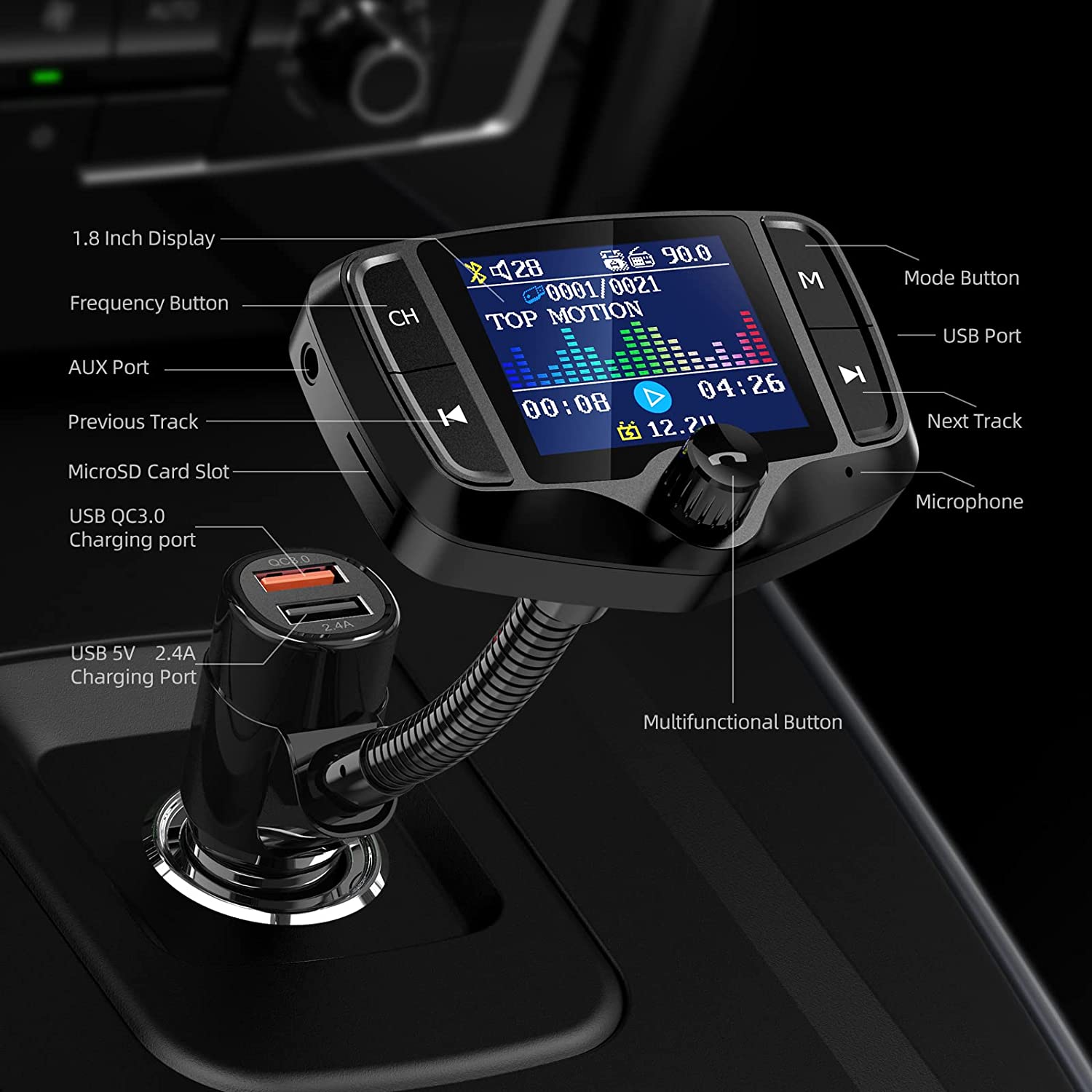Bluetooth FM Transmitter for Cars, USB Bluetooth Adapter, 1.8